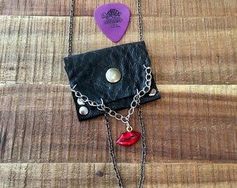 Leather Gift For Her-Women's Accessories-Pouch Necklace-Black Leather with chains- Hipster Rocker Bohemian -Red hot lips