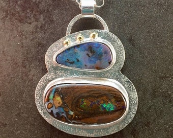 25% Off Koroit Opal Cabochon Sterling Silver 14kt Gold Metalwork Necklace Pendant