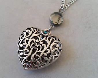 Sale! Sweetheart Chunky Silver Filigreed Heart Necklace & Teal Rhinestone, Metal Flower + Industrial Chic "clusiv" Charm with Touch of Teal