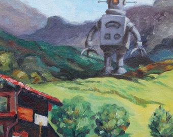 4" by 6" postcard print, "Mountain Bot" Altered Thrift Store Art