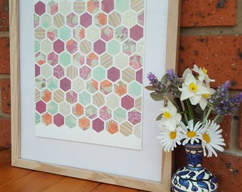 Maroon, green & gold hexagons on canvas