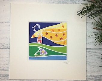 Lighthouse art, papercut art, lighthouse picture, sailing boat, seaside picture, coastal decor, nursery art, night sky picture, seaside art