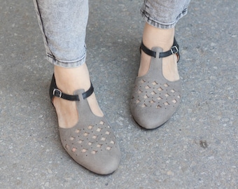 Grey Leather Sandals, Leather Flats, Grey Cutout leather Sandals, Summer Shoes , Free Shipping
