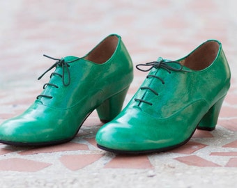 Green Leather Shoes, Leather Pumps, High Heeled Oxfords, Oxford Pumps , Free Shipping