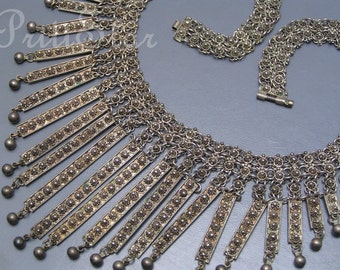 MASSIVE Tribal Bib Necklace . Etruscan style Fringe Silver jewelry