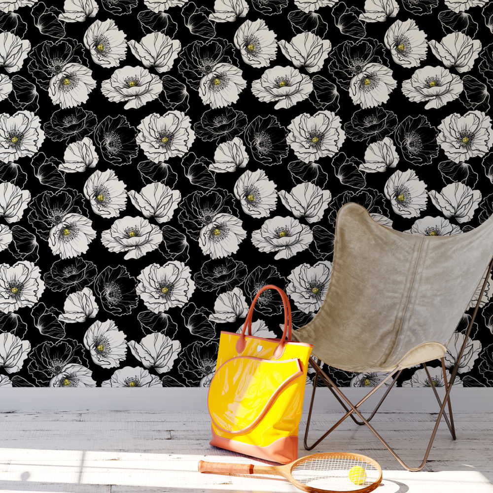 Black and white floral removable wallpaper / cute self