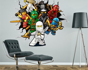 Lego Ninjago Breaking Through Wall Sticker 3D effect Decal children's boy's bedroom art graphic mural