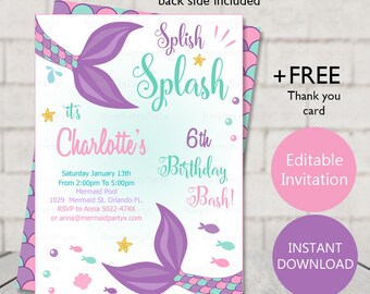 Mermaid Invite, Mermaid Invitation, Mermaid Party, Mermaid Birthday, Purple Invitation, Girl Invitation, Under Sea Invite INSTANT DOWNLOAD