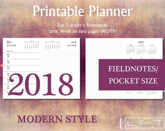 FN 2018 WOTP, Modern Style, Week on two pages printable diary insert for Traveler's Notebook