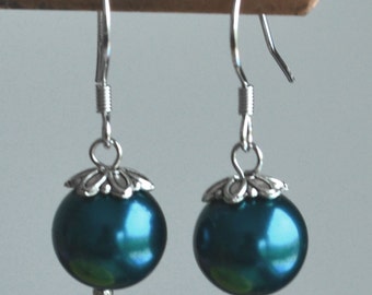 teal earrings,teal glass bead earrings,8mm or 10mm teal pearl earring,teal dangling earrings,teal color earrings,wedding earrings, dangling