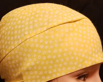 Handmade Yellow w Little White Flowers Chemo Cap, Skull Cap, Cancer, Hats, Alopicha, Do Rag, Hair Loss, Surgical Cap, Head Wrap, Do Rag