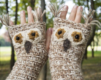 Owl Fingerless Gloves ~ Handmade