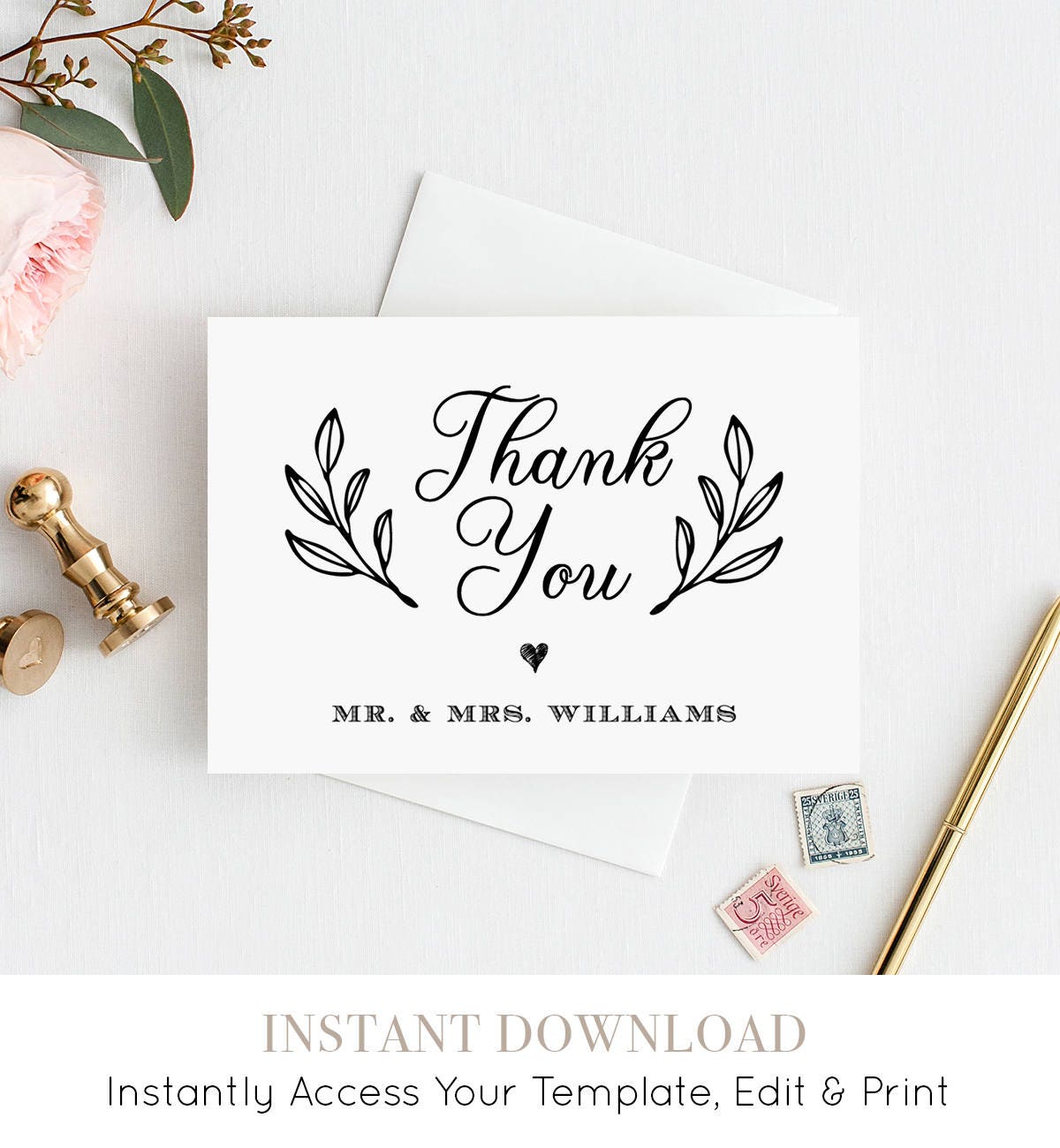 Thank You Card Template, Printable Rustic Wedding Thank You Note Card