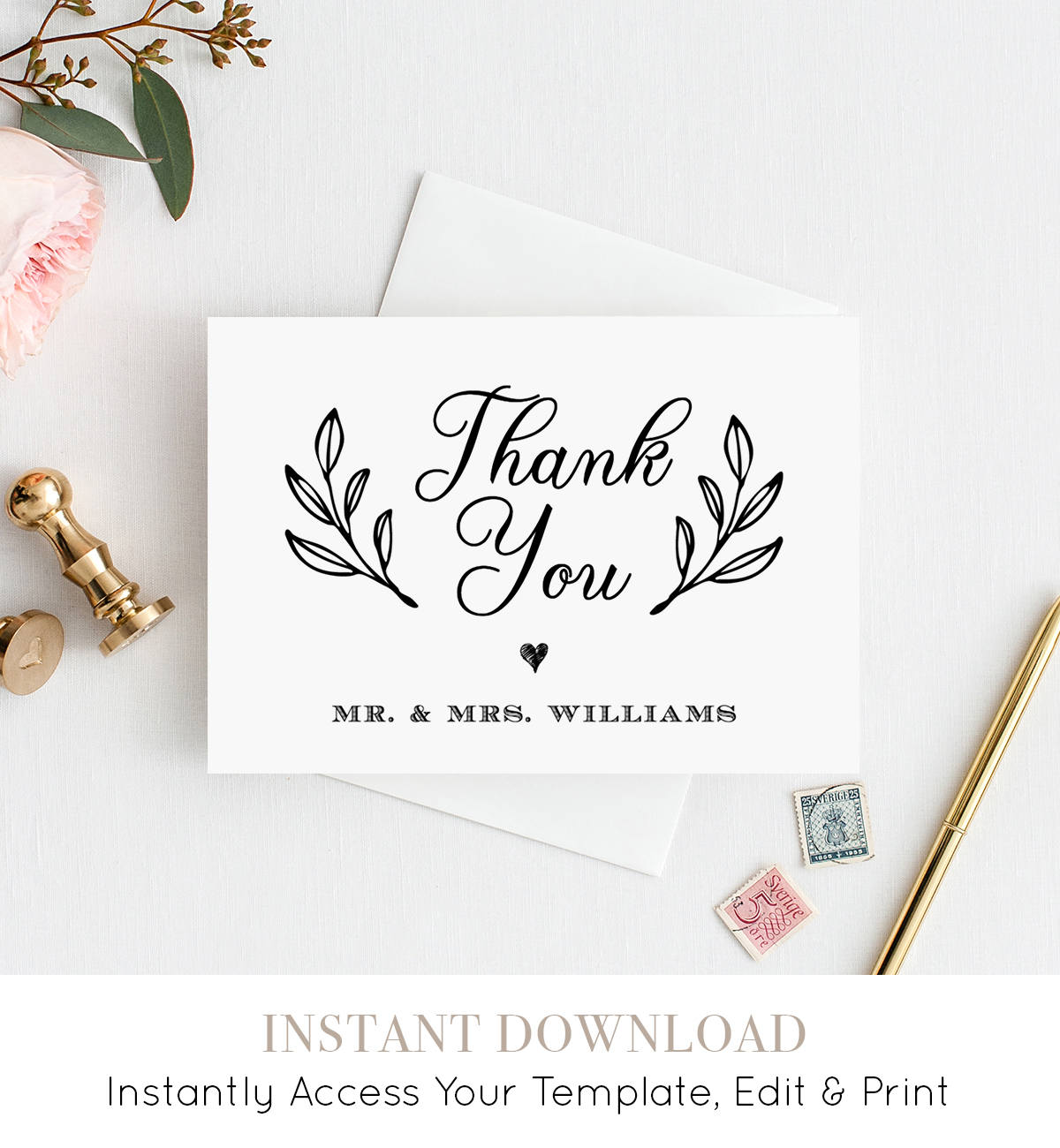 thank you card template printable rustic wedding thank you note card