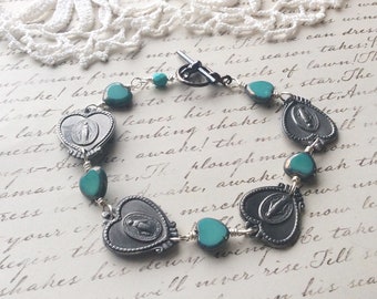 Saints and Hearts Bracelet - vintage assemblage bracelet turquoise bracelet found object jewelry