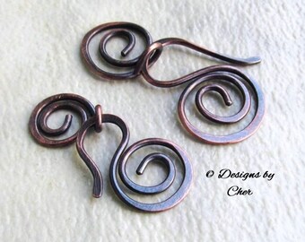 Handmade Metalwork Clasp Sets (16 gauge) Antiqued Copper Swirl Hook & Connector (2 Sizes) Rustic MTO Jewelry Component