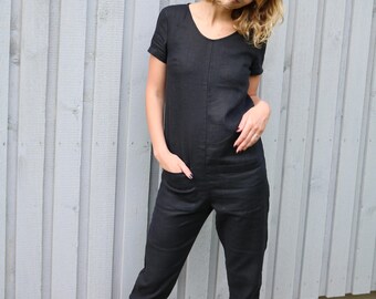 Linen Jumpsuit - Black Linen Jumpsuit - Short Sleeve Jumpsuit - Women Overall - Linen Overall - Linen Romper - Handmade by OFFON