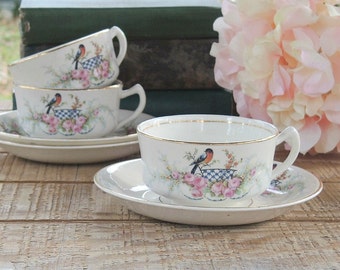 Homer Laughlin Robin and Pink Roses Tea Cup Set Ca. 1920s Cottage Style Farmhouse