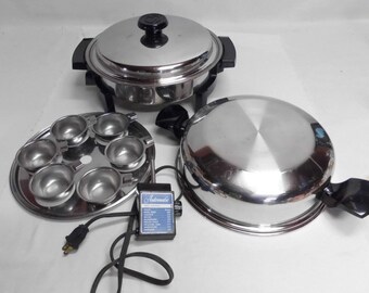 Lifetime Waterless Skillet Liquid Core Stainless Steel Electric Frying Pan w/Egg Poacher Dome Lid Regular Lid Multi Purpose Healthy Cooking