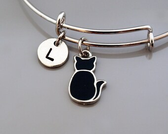 Black cat bangle, Black Cat bracelet, Kitten, Kitty, Black cat charm jewelry, Expandable bangle, Personalized bracelet, Initial bracelet