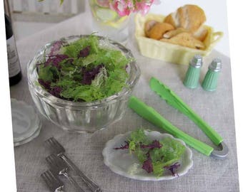 Miniature Salad Mixed LETTUCE Greens in Vintage Glass Bowl with Plastic Tongs - 1:6 Scale Realistic Faux Food for Fashion Dolls & Figures