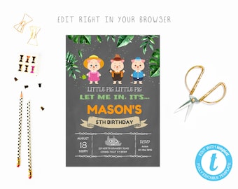 3 little pigs party tem, TRY BEFORE you BUY, instant download, edit yourself invitation,Template Editable