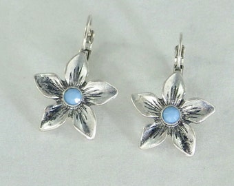 Blue Center Silver Tone Flower Earrings