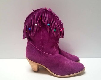 Purple Suede Leather Fringe Vintage Cowgirl Boots size 7 or 8