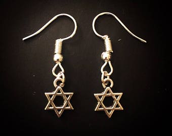 Silver Star of David Dangle Hook Earrings