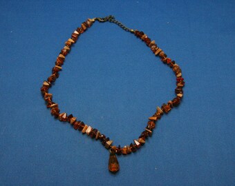 Vintage Amber And Stone Chip Beaded Adjustable Necklace With Amber Briolette Drop Pendant