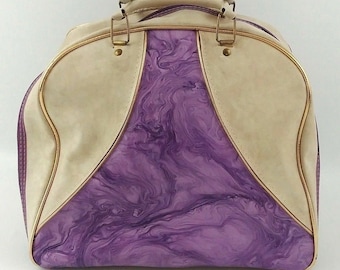 Vintage 1970s Bowling Ball Bag, Purple Marbled and Cream Naugahyde, 12x12x9, No Rack