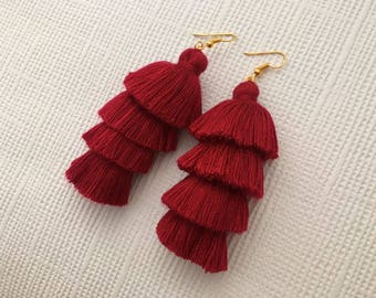 Burgundy Earrings, Tassel Earrings, Long Earrings, Drop Earrings, Dark Red Earrings, Boho Earrings, Modern Jewelry, Gift for Women, Friend