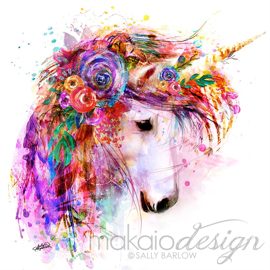 Bright Colorful Unicorn Flower Painting Mixed Media Wall Art