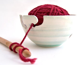 Ceramic Yarn Bowl, Knitting Bowl, Crochet Bowl Hand Painted in Green, with Double Hitch and Openwork Dots. Ready To Ship