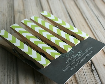 Green Chevron Clothespin Magnets, Set of 5