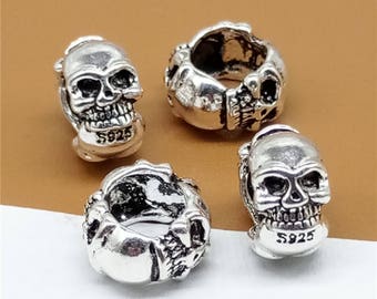 5 Sterling Silver Skull Beads 3-Sided, 925 Silver Skull Bead 6mm Hole, Large Hole Skull Bead for European Bracelet - TF643