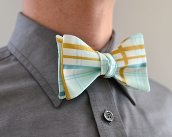 Men's Bow Tie in Mint and Gold- freestyle wedding groomsmen custom bowtie neck self tie green aqua metallic plaid white