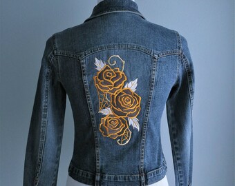 Embroidered Denim Jacket - Harlequin Roses, Upcycled Wearable Art