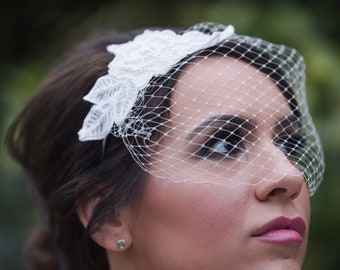 Pearl Rose Lace Side Tiara Hairpiece Blusher Birdcage Veil