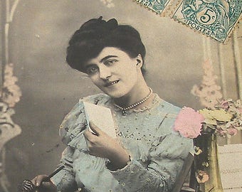 1906 French postcard, Lady writing letter. RPPC real photo postcard, paper ephemera.