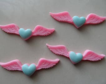 set of 4 cabochons Angel Wings 52 x 15 mm pink and blue