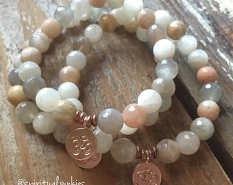 Sunstone, Moonstone + Rose Gold Vermeil Om | Spiritual Junkies | Yoga + Meditation | One Mala Bracelet