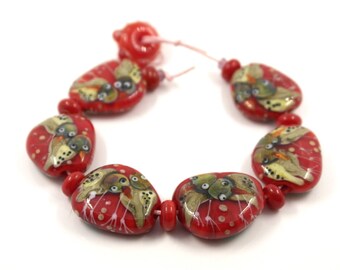 Red Lampwork bead set ,bird beads handblown glass beads , craft , artisan , ooak sra artist