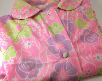 60s 70s flower power house coat nylon floral cover up lingerie pink purple green slinky robe hippie style