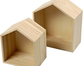 Plain Wooden House Shaped Shelf Box - Small & Medium Boxes - Craft Decorate - Display Wall Storage