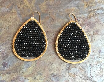 Black spinel gemstone gold hoop statement earrings