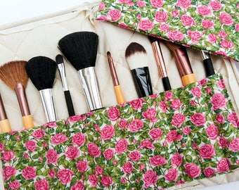 Makeup brush holder and bag, pink brush holder, roses makeup bag, Valentine's gift, roses theme gift, gift for wife