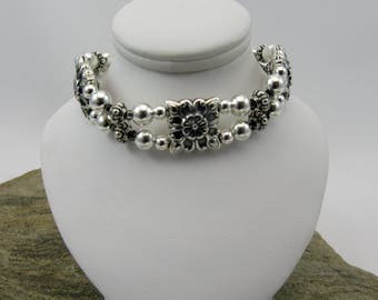 Antique silver puff square beads double row bracelet