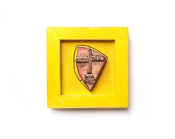 Geometrical face, Yellow sculpture, Abstract ceramics, Wall sculpture, 3D sculpture, Modern ceramics, Crazy art, Alien sculpture, Modern art