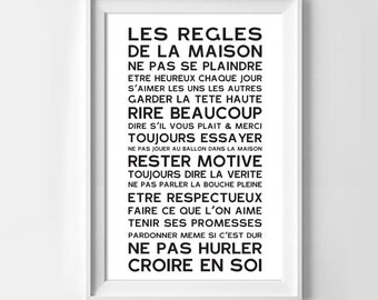 Print poster of the House rules in french, original home decor.